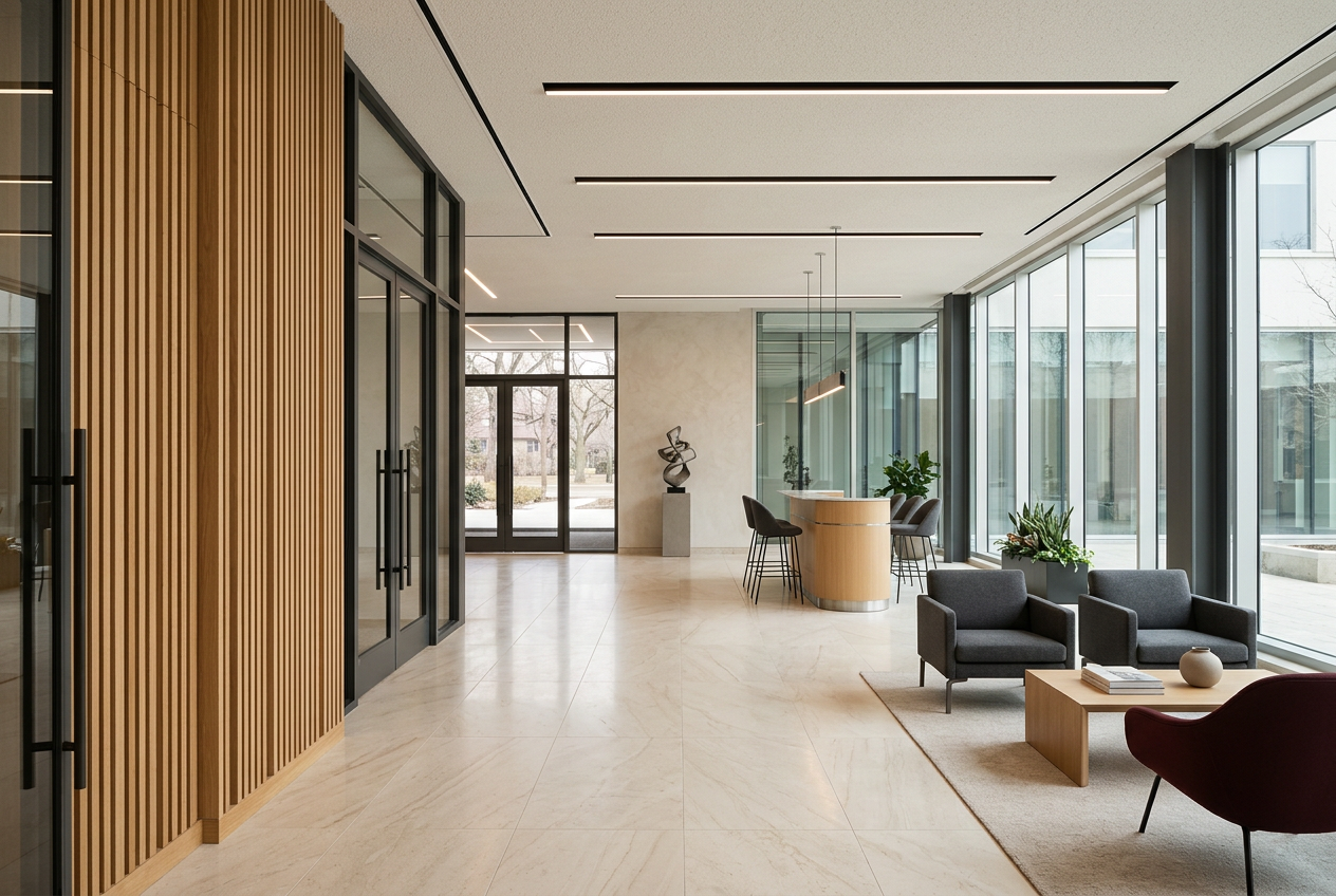 Sunlit contemporary commercial lobby with glass partitions and warm architectural finishes